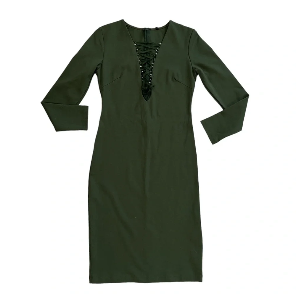 Forest Green Plunging Deep V Neck Front Tie Body con Dress